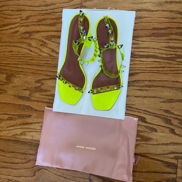 😊SOLD😊 Amina Muaddi Fluo yellow Julia Jewel Clear Sandals in 40 - Picture 2 of 15